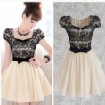 Vestidos de laço preto patchwork fino bowknot sopro manga curta mulheres rua chiffon altura do joelho vestido bonito do partido 2014 primavera SL